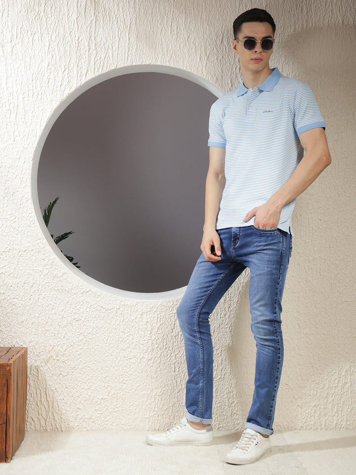 COBB SKY BLUE STRIPED POLO NECK T-SHIRT