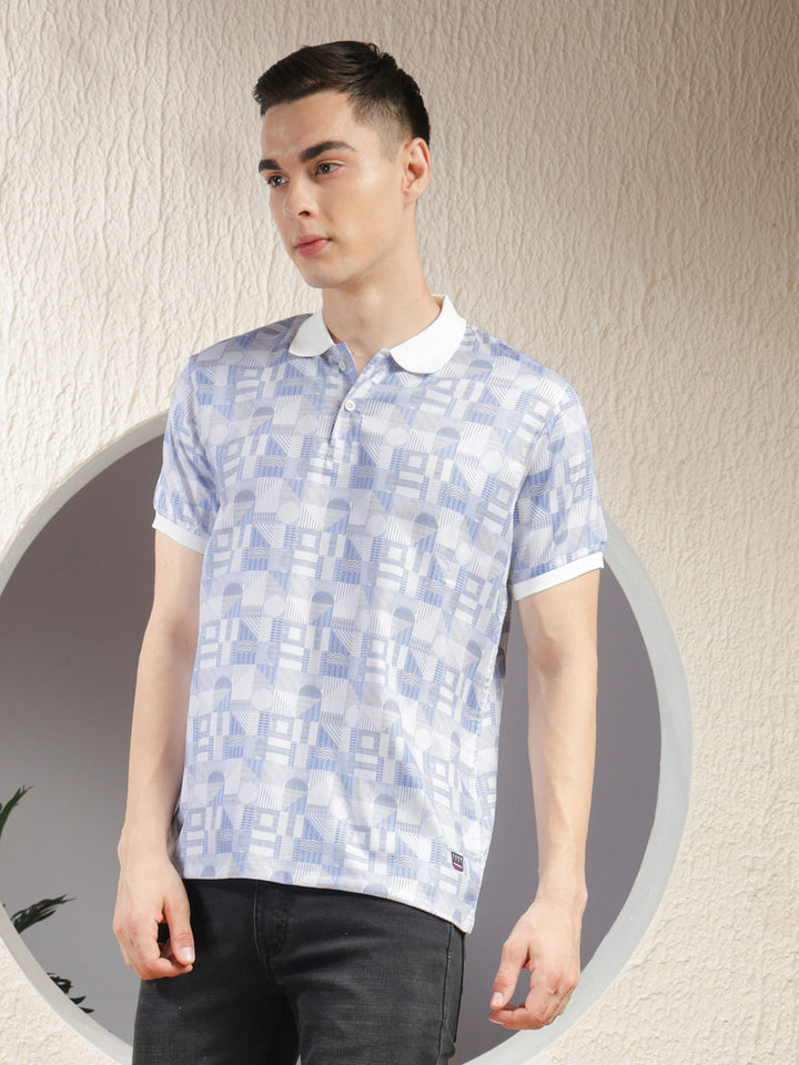 COBB WHITE PRINTED POLO NECK T-SHIRT