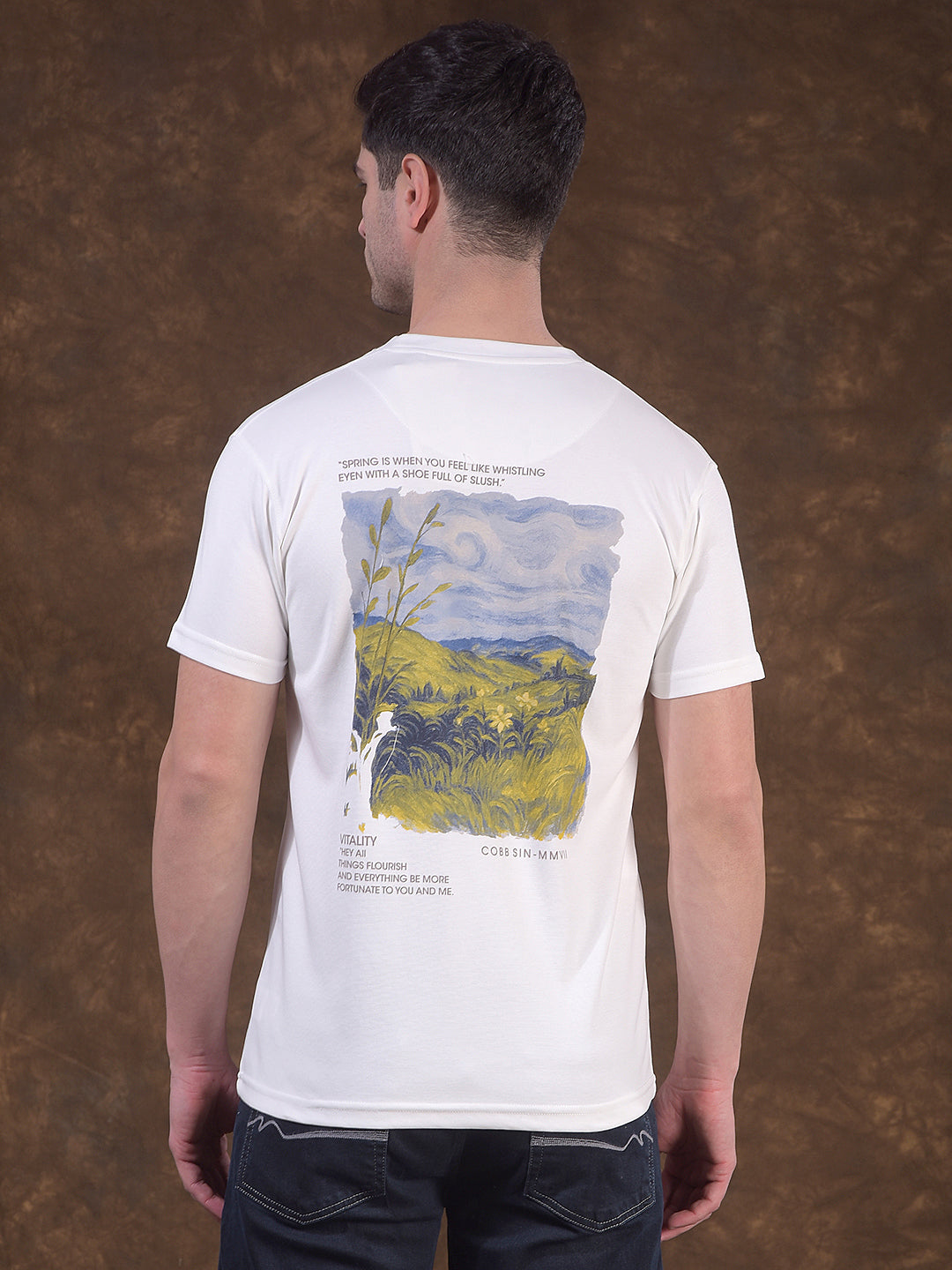 cobb white printed round neck t-shirt