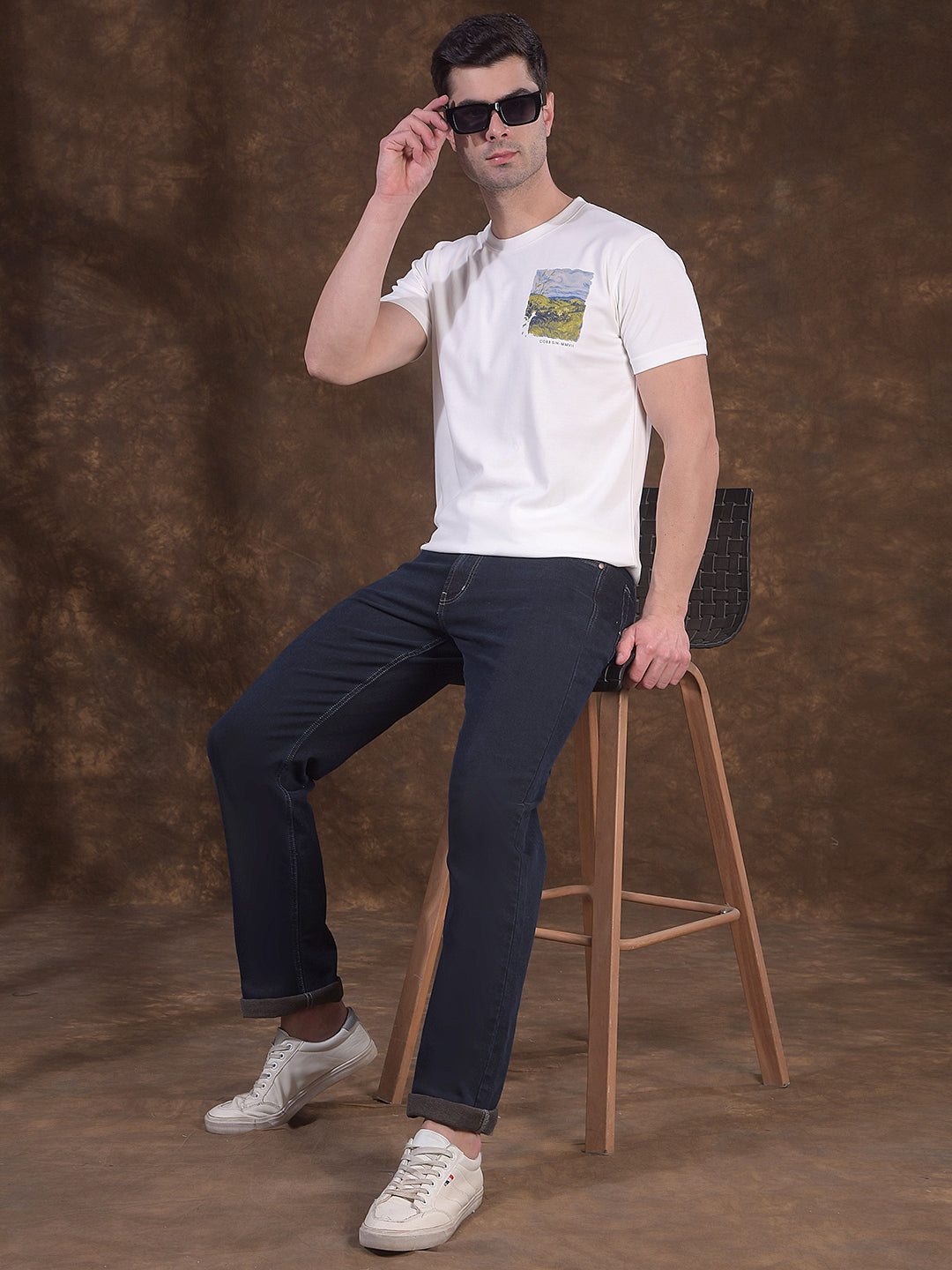 COBB WHITE PRINTED ROUND NECK T-SHIRT