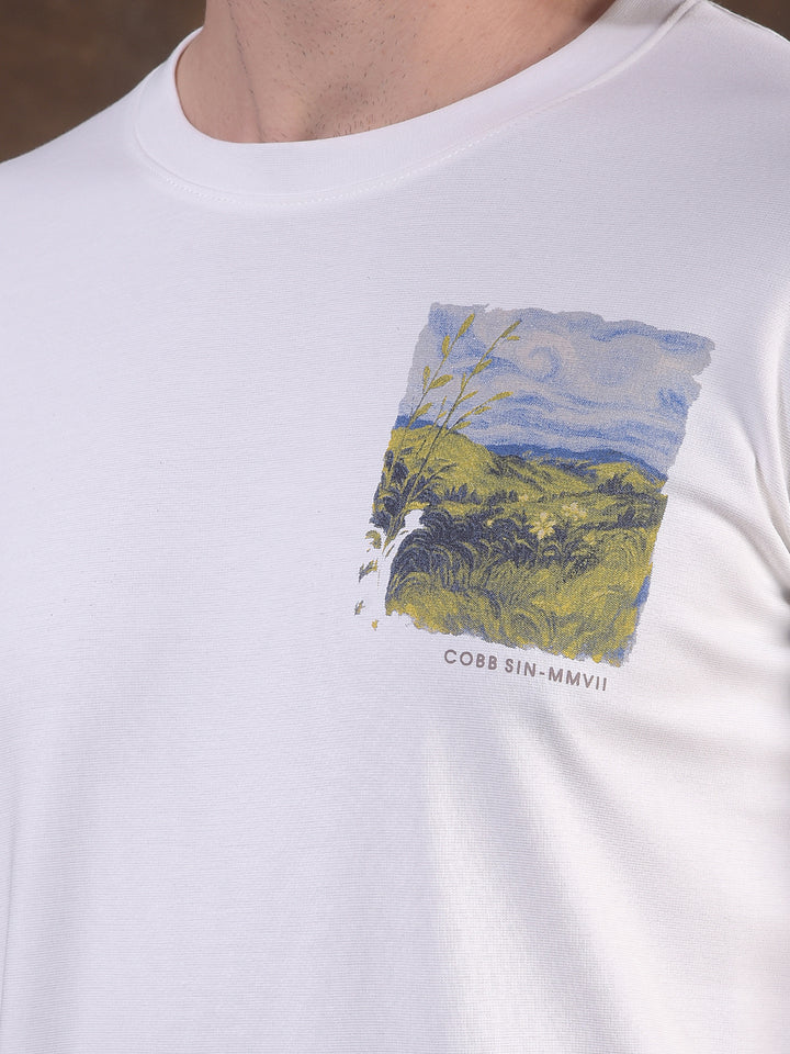 COBB WHITE PRINTED ROUND NECK T-SHIRT