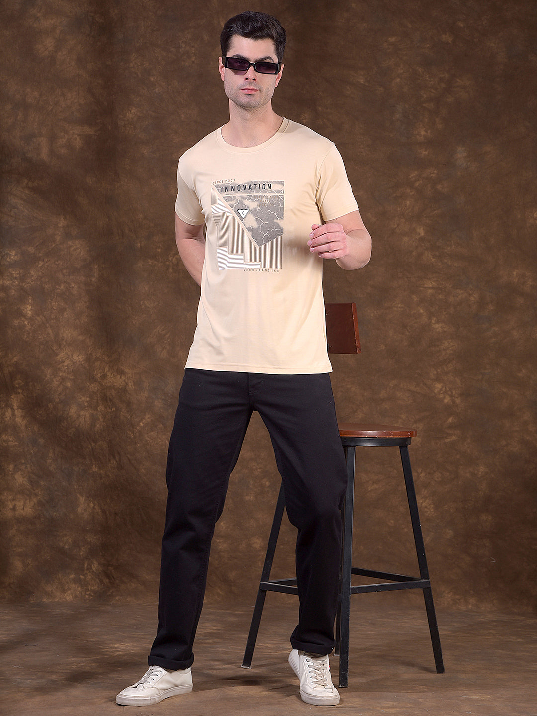 COBB BEIGE PRINTED ROUND NECK T-SHIRT