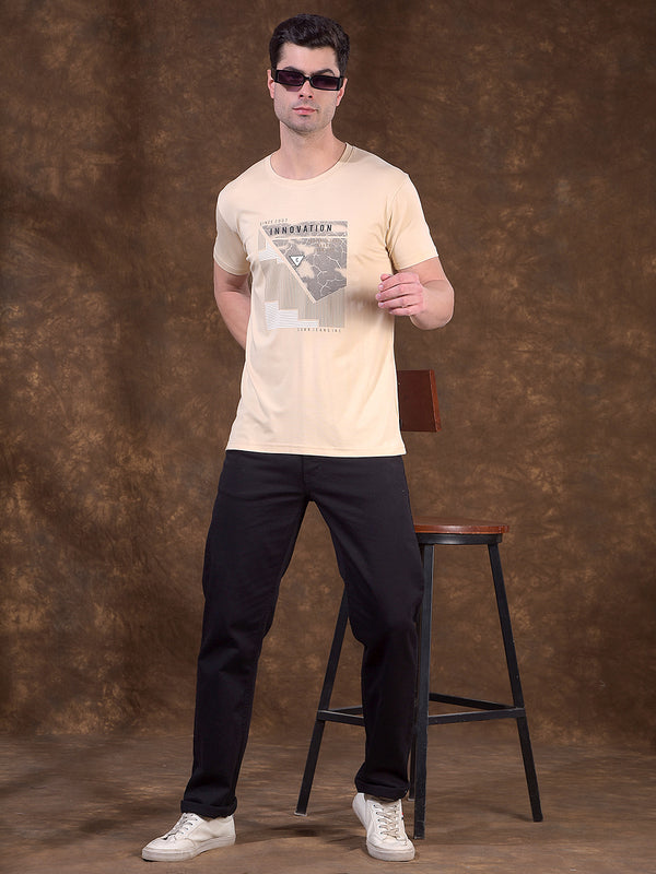 COBB BEIGE PRINTED ROUND NECK T-SHIRT