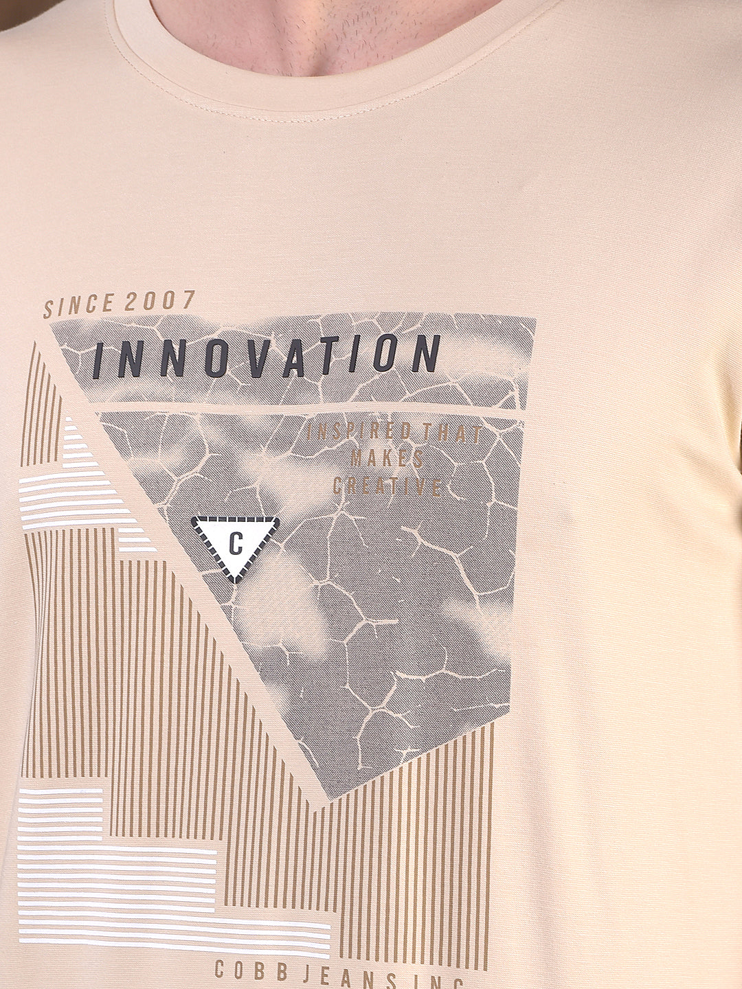 COBB BEIGE PRINTED ROUND NECK T-SHIRT