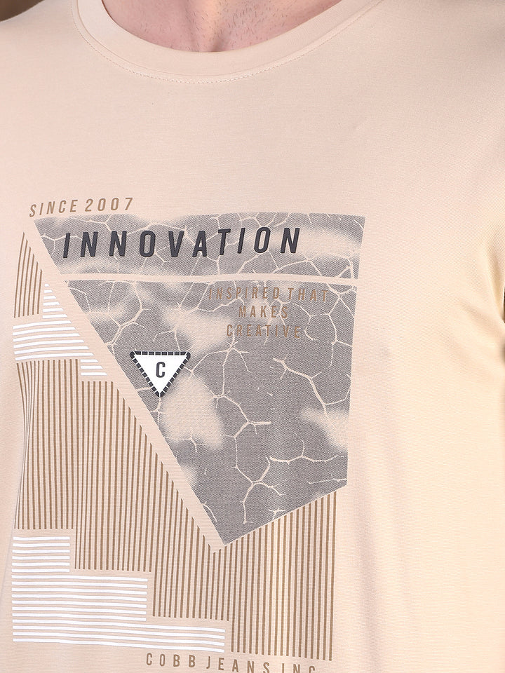 COBB BEIGE PRINTED ROUND NECK T-SHIRT