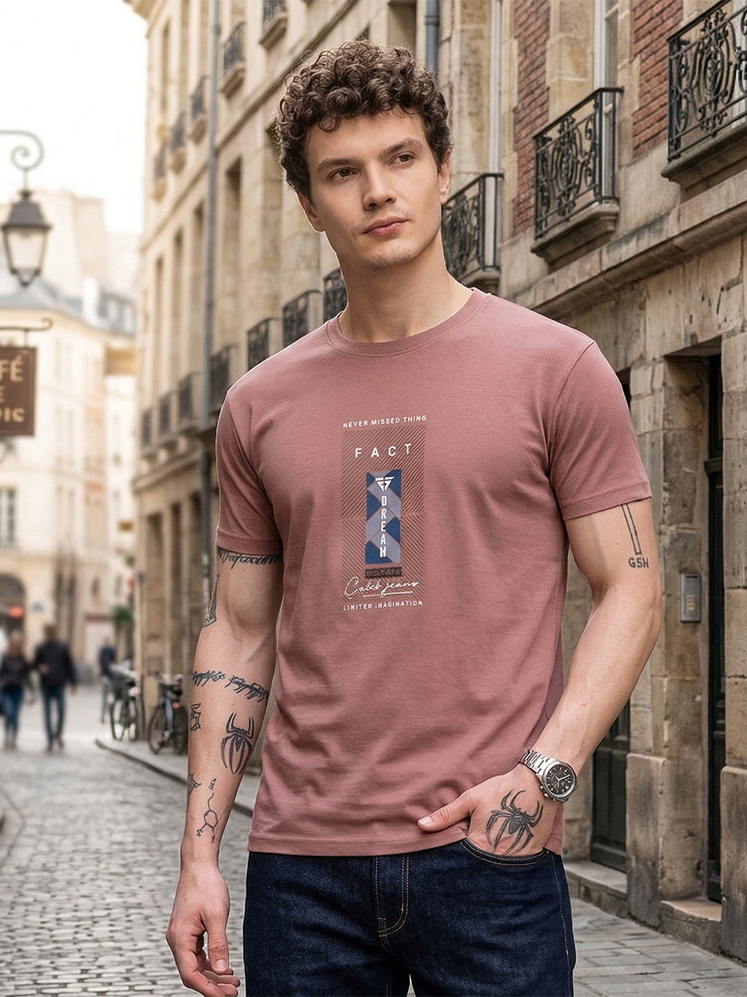 cobb dusty pink printed round neck t-shirt