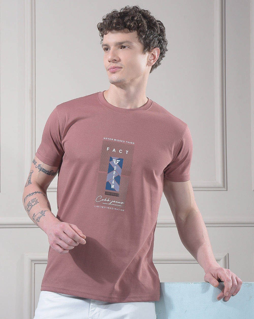 cobb dusty pink printed round neck t-shirt