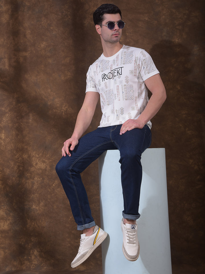 COBB WHITE PRINTED ROUND NECK T-SHIRT
