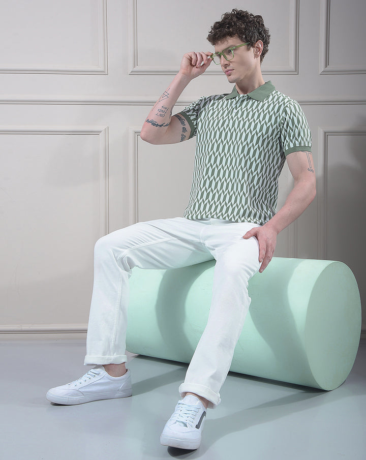 COBB GREEN PRINTED POLO NECK T-SHIRT