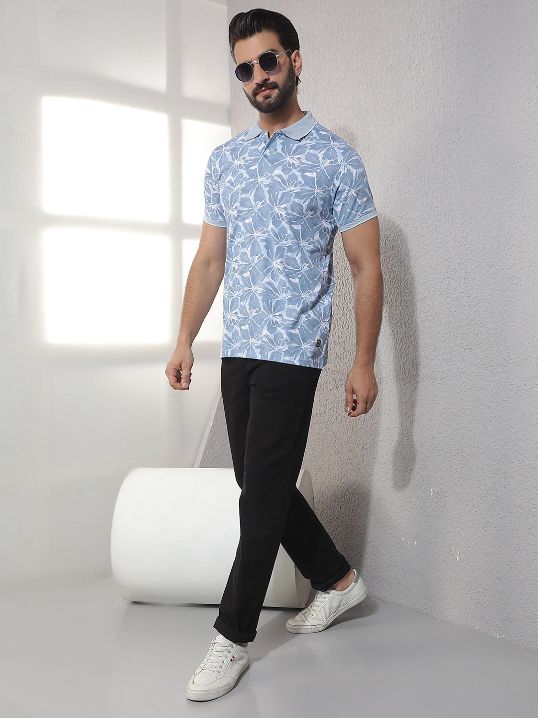 COBB BLUE PRINTED POLO NECK T-SHIRT