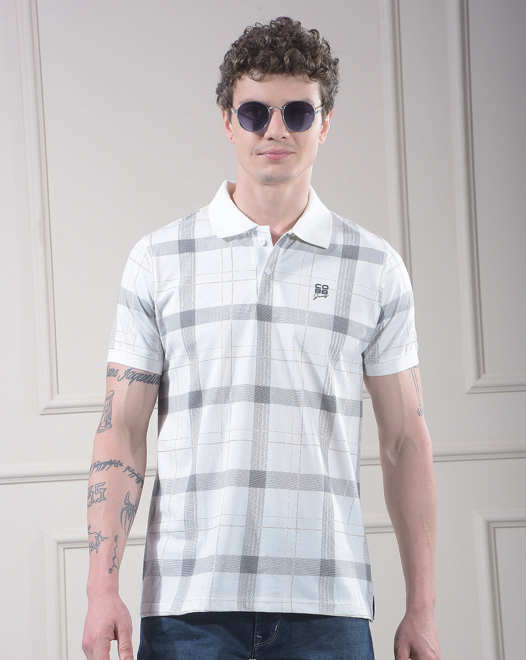 cobb white printed polo neck t-shirt