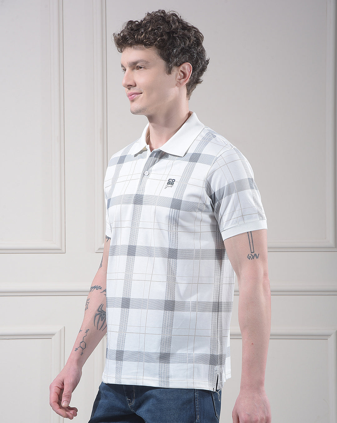 cobb white printed polo neck t-shirt