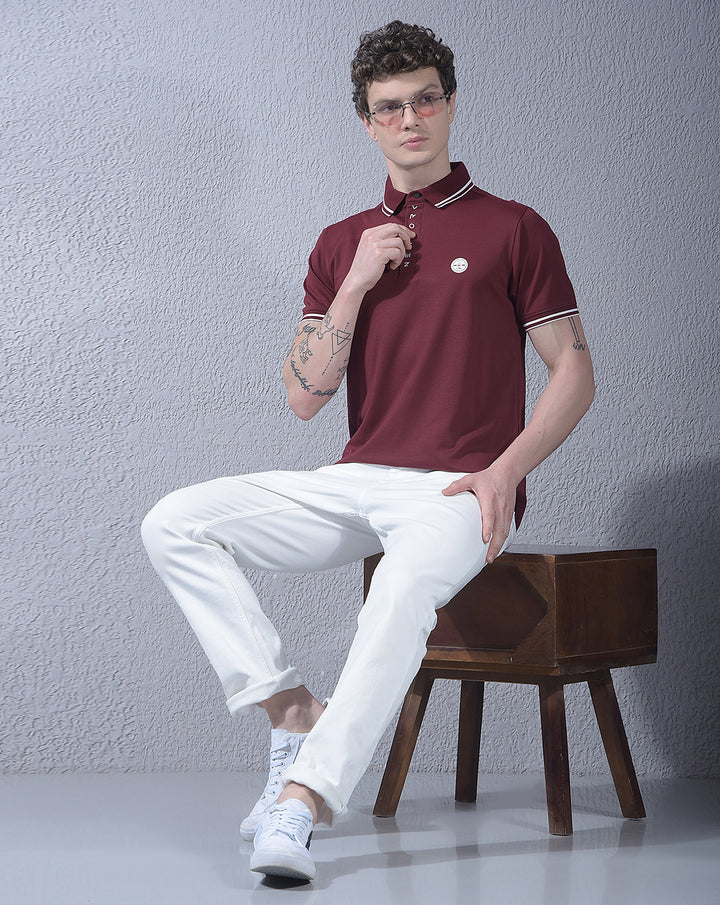 COBB MEHROON SOLID POLO NECK T-SHIRT