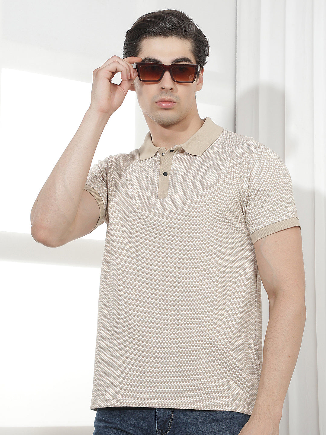 beige self-design polo t-shirt