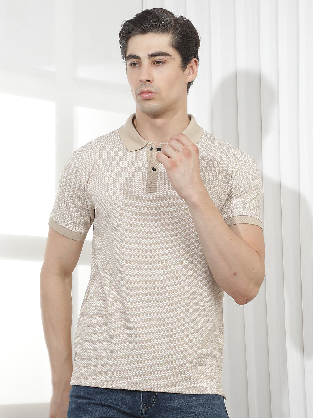 beige self-design polo t-shirt