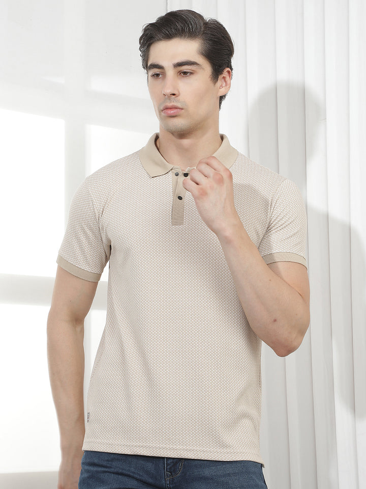 beige self-design polo t-shirt