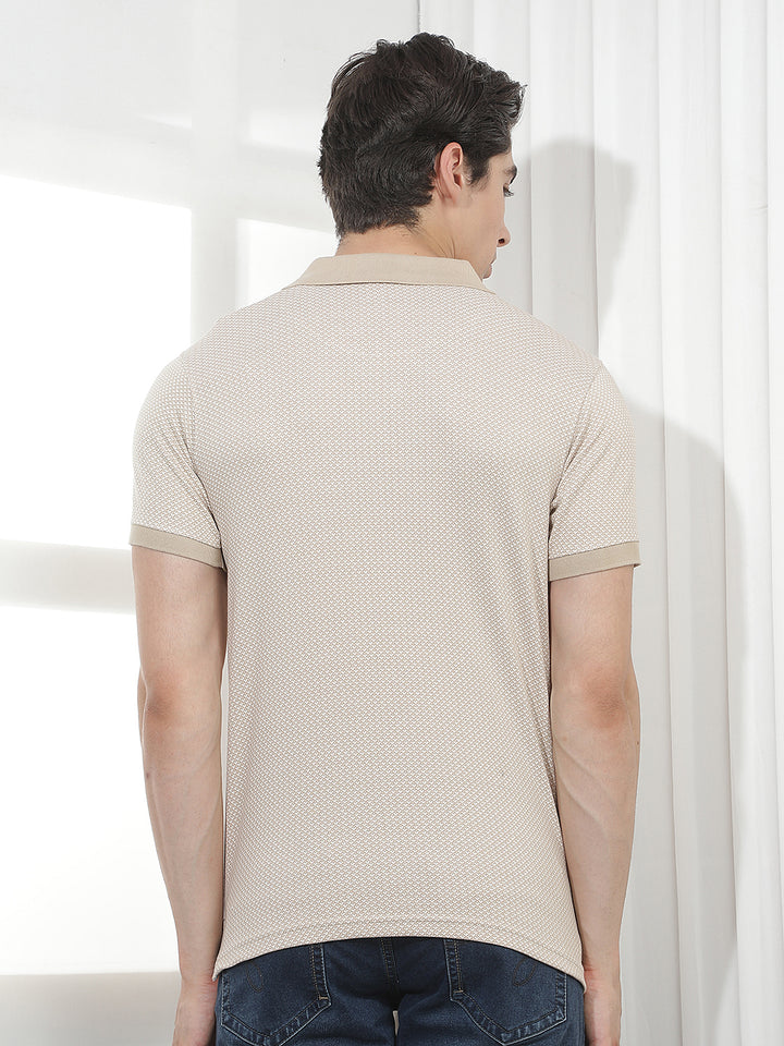 beige self-design polo t-shirt