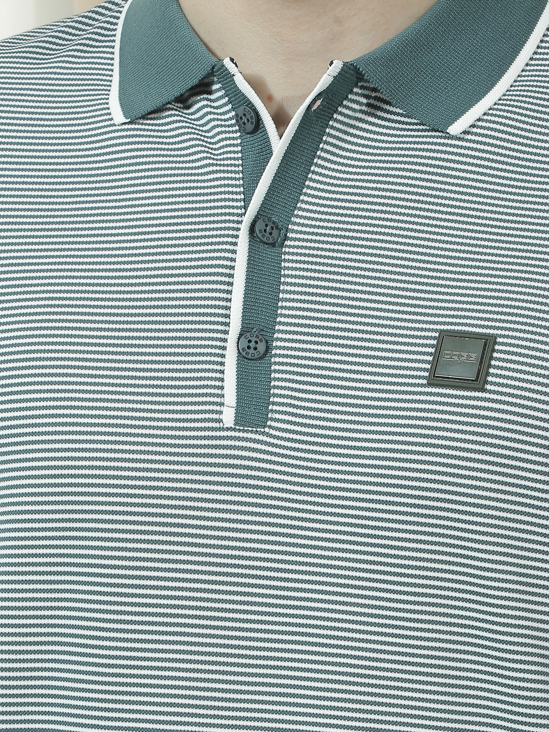 COBB BOTTLE GREEN STRIPED POLO NECK T-SHIRT
