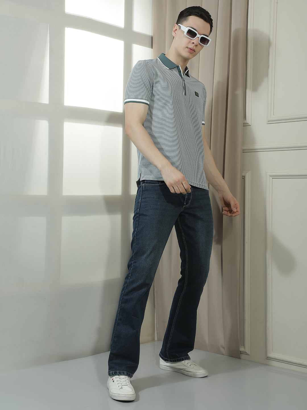 COBB BOTTLE GREEN STRIPED POLO NECK T-SHIRT
