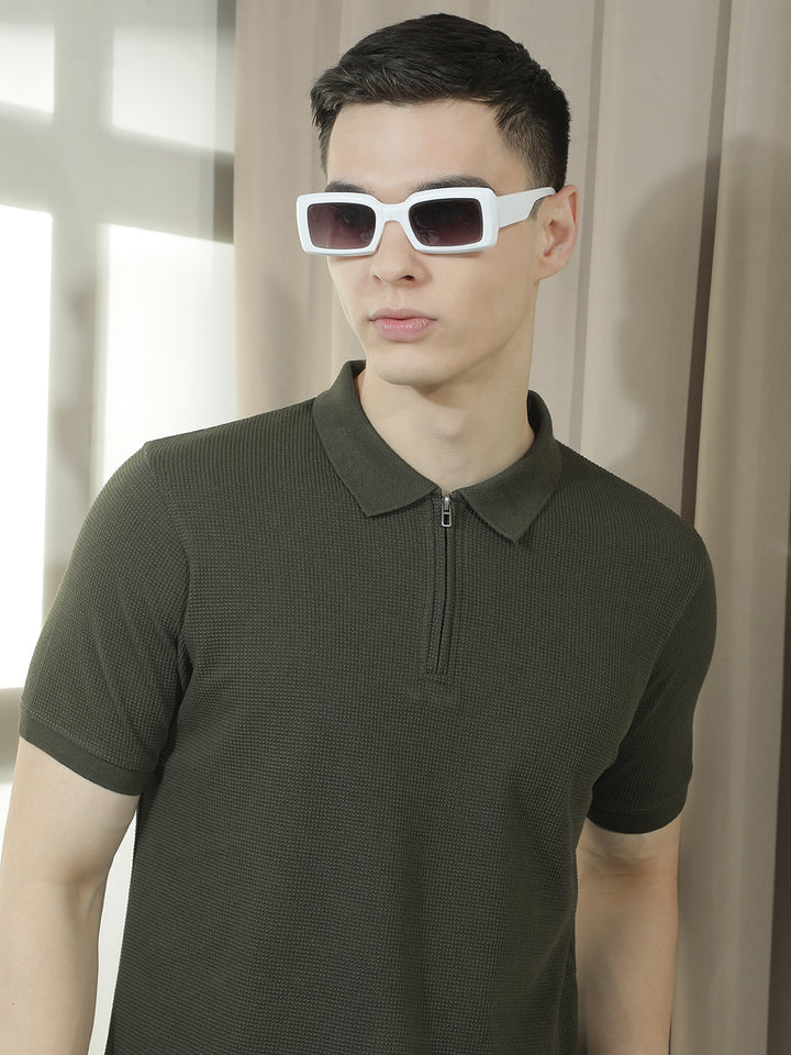 cobb olive solid polo neck t-shirt