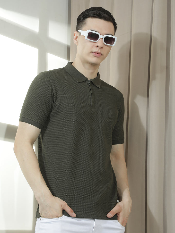 cobb olive solid polo neck t-shirt