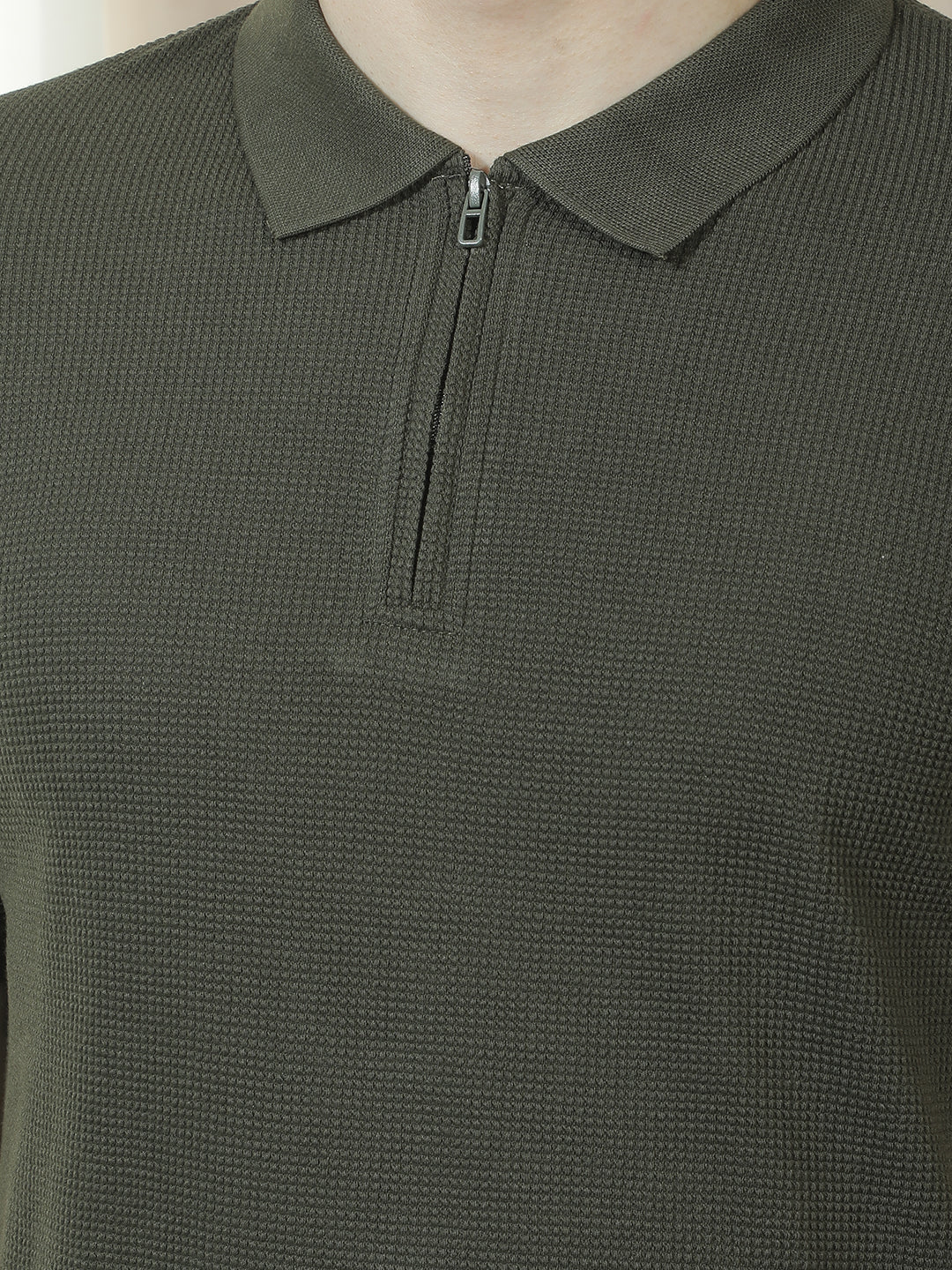 COBB OLIVE SOLID POLO NECK T-SHIRT