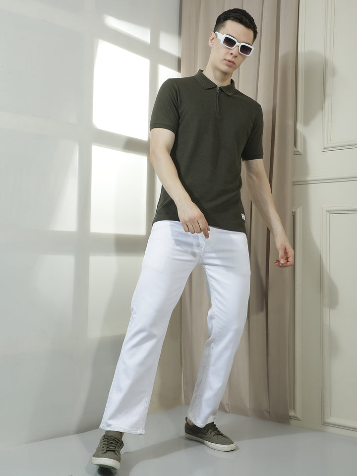 COBB OLIVE SOLID POLO NECK T-SHIRT