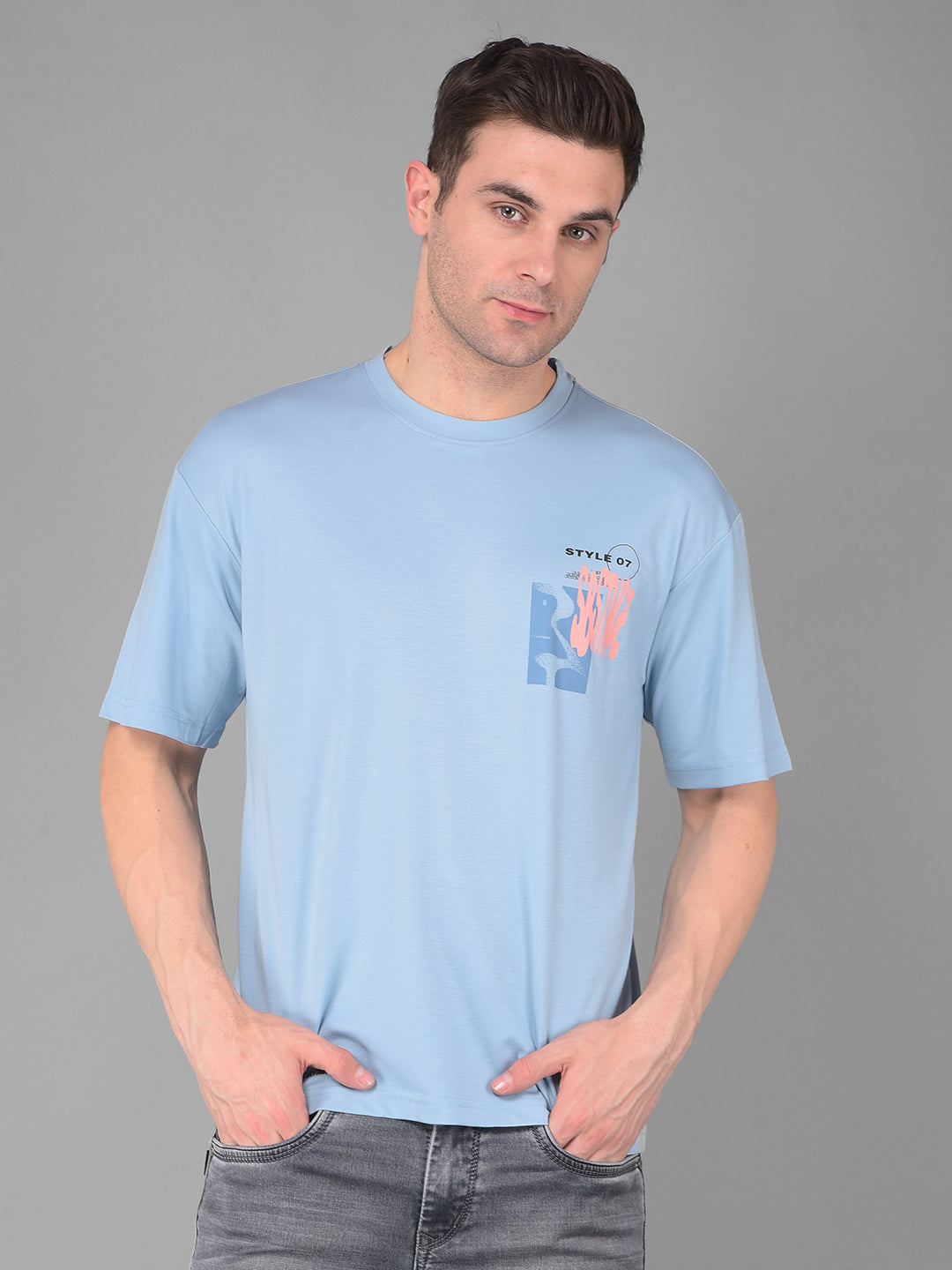 cobb sky blue printed round neck oversized t-shirt