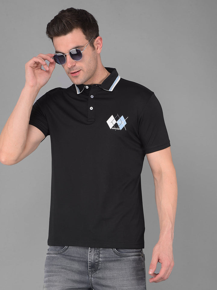 COBB BLACK PRINTED POLO NECK T-SHIRT