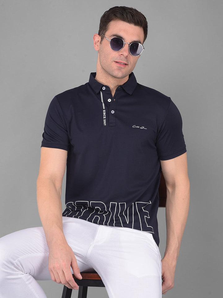 COBB NAVY BLUE PRINTED POLO NECK T-SHIRT