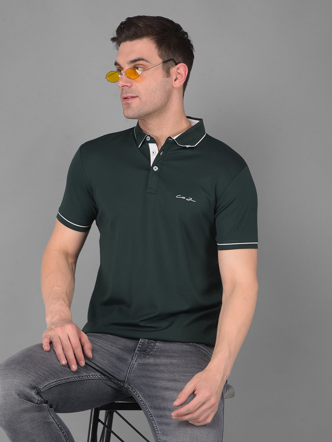 COBB SOLID BOTTLE GREEN POLO NECK T-SHIRT