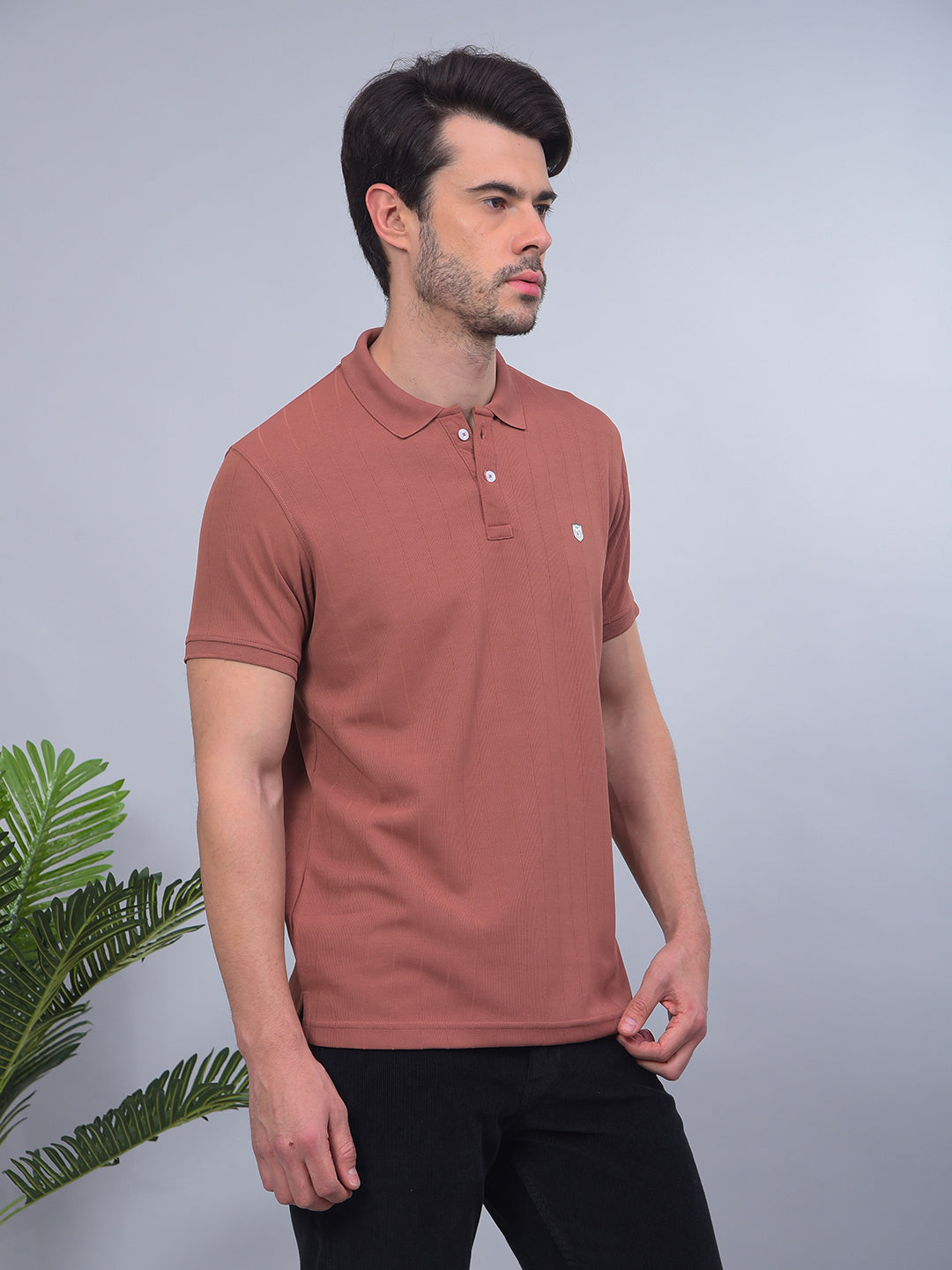 COBB BROWN STRIPED POLO NECK T-SHIRT