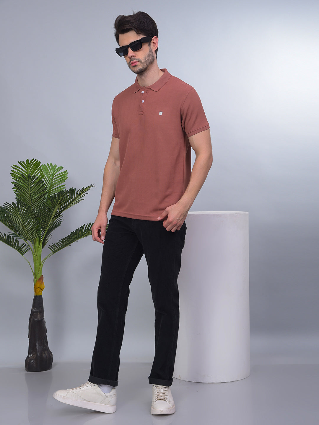 COBB BROWN STRIPED POLO NECK T-SHIRT