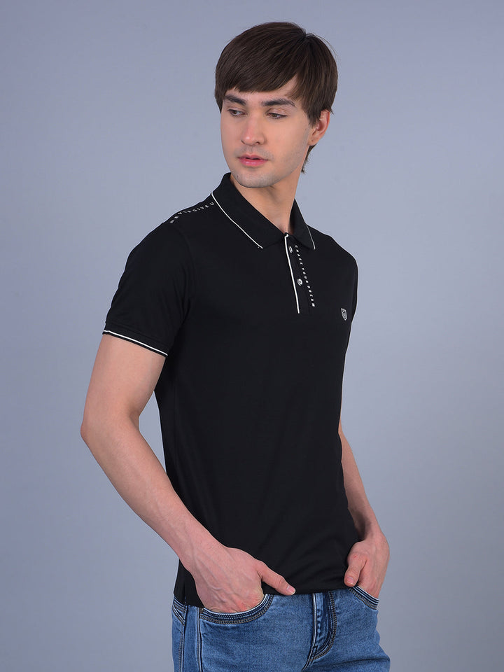COBB BLACK PRINTED POLO NECK T-SHIRT