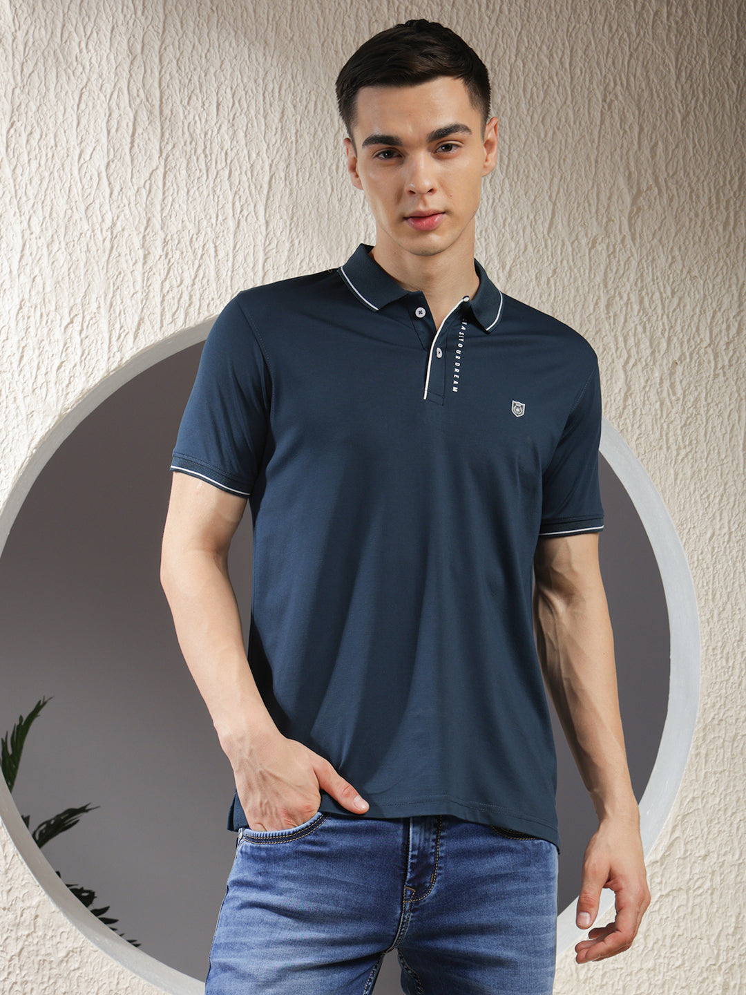 cobb teal blue printed polo neck t-shirt