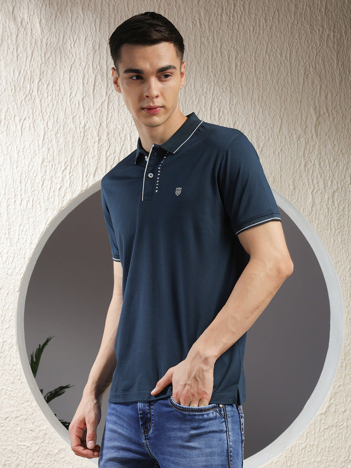 COBB TEAL BLUE PRINTED POLO NECK T-SHIRT
