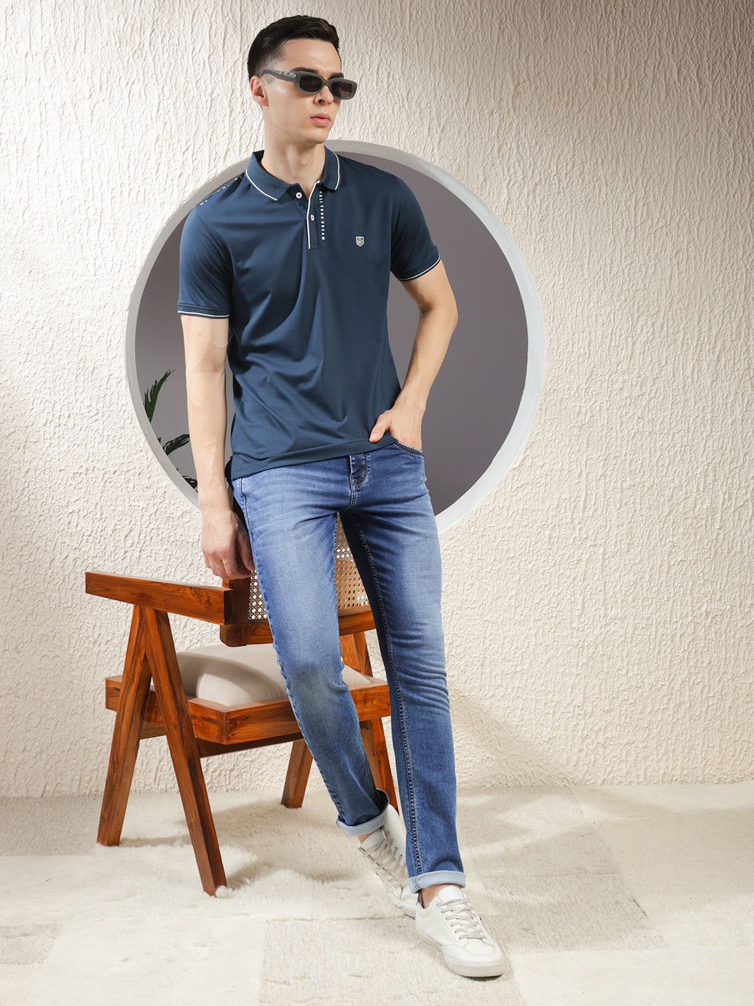 COBB TEAL BLUE PRINTED POLO NECK T-SHIRT