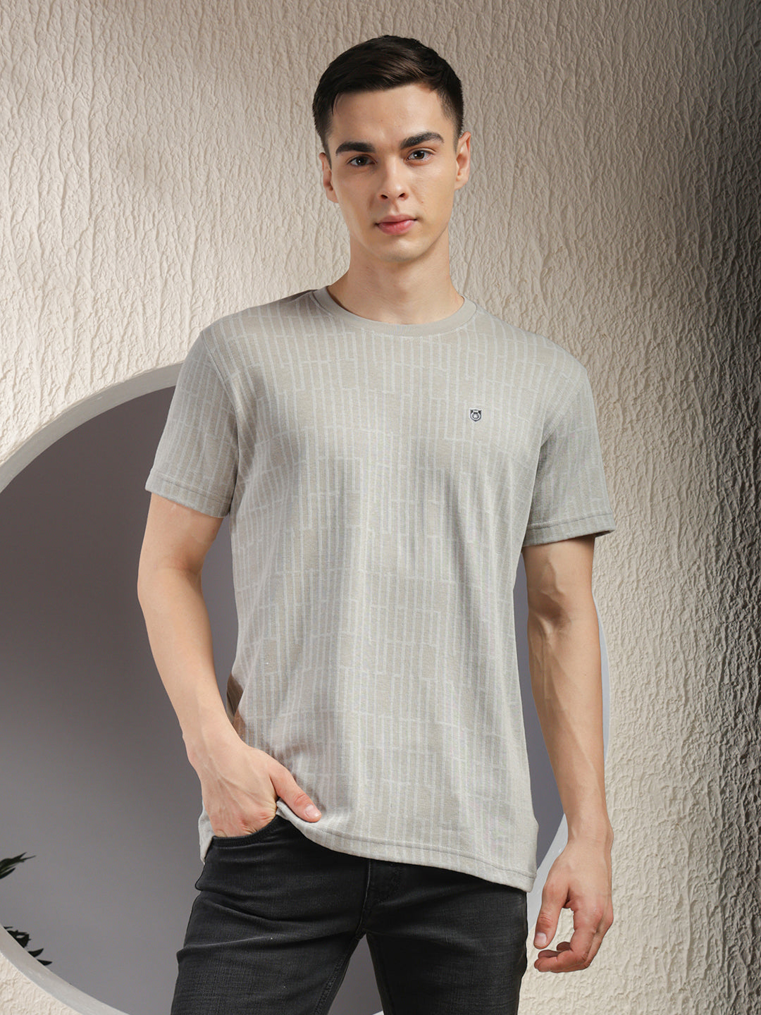 cobb cement grey self-design round neck t-shirt