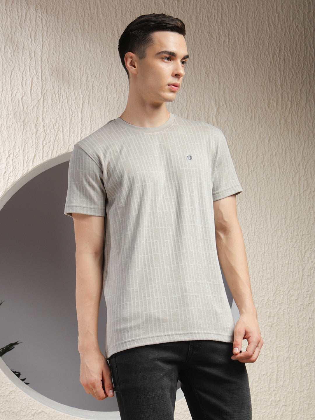 COBB CEMENT GREY SELF-DESIGN ROUND NECK T-SHIRT