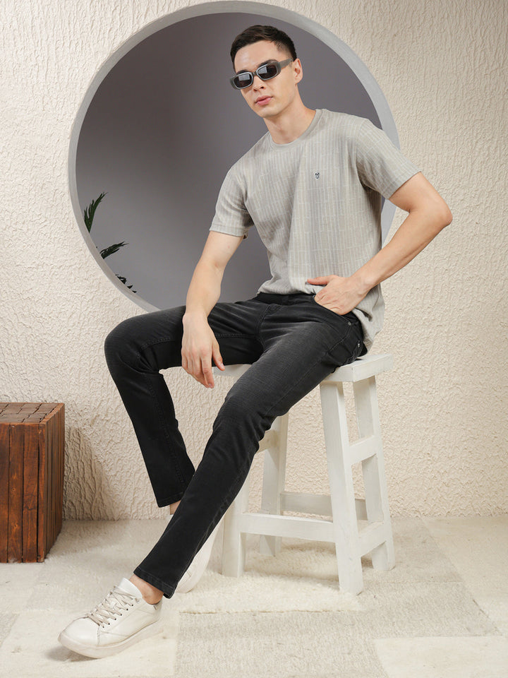 COBB CEMENT GREY SELF-DESIGN ROUND NECK T-SHIRT