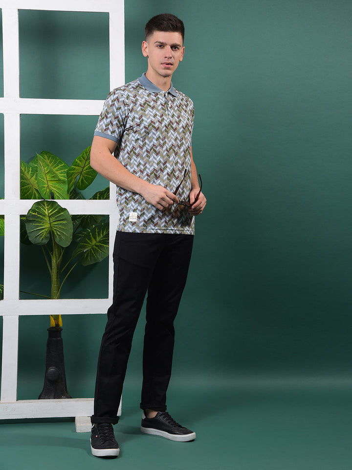 COBB GREY PRINTED POLO NECK T-SHIRT