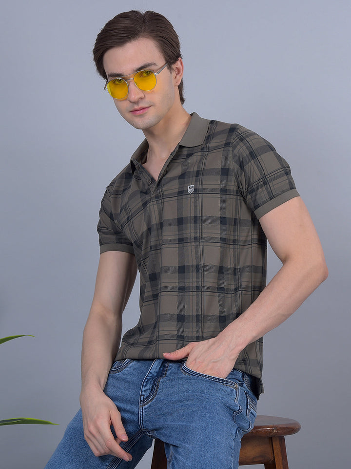 cobb dark khaki checked polo neck t-shirt