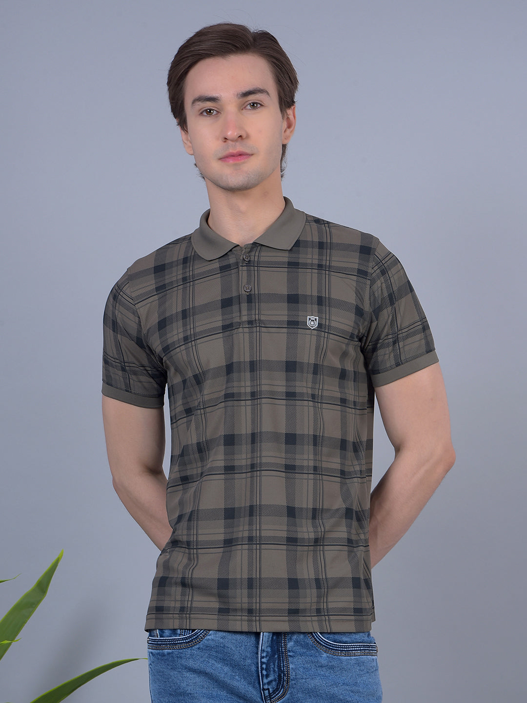 cobb dark khaki checked polo neck t-shirt