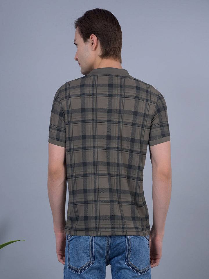cobb dark khaki checked polo neck t-shirt