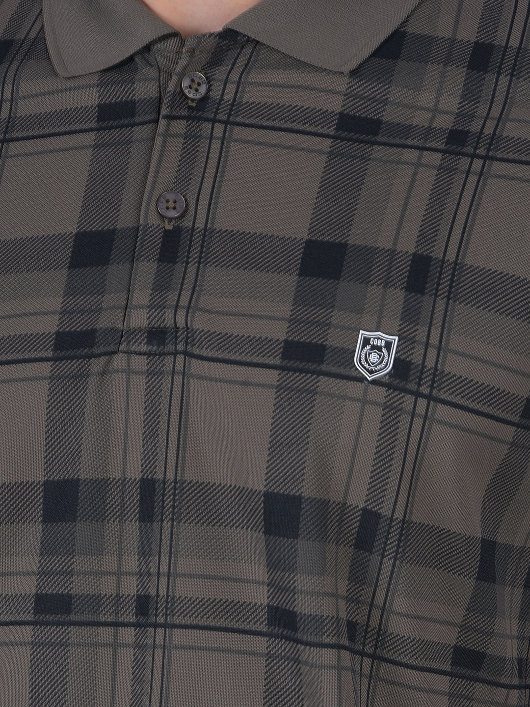 cobb dark khaki checked polo neck t-shirt