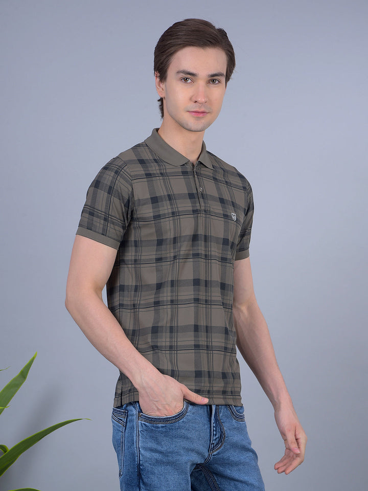 COBB DARK KHAKI CHECKED POLO NECK T-SHIRT