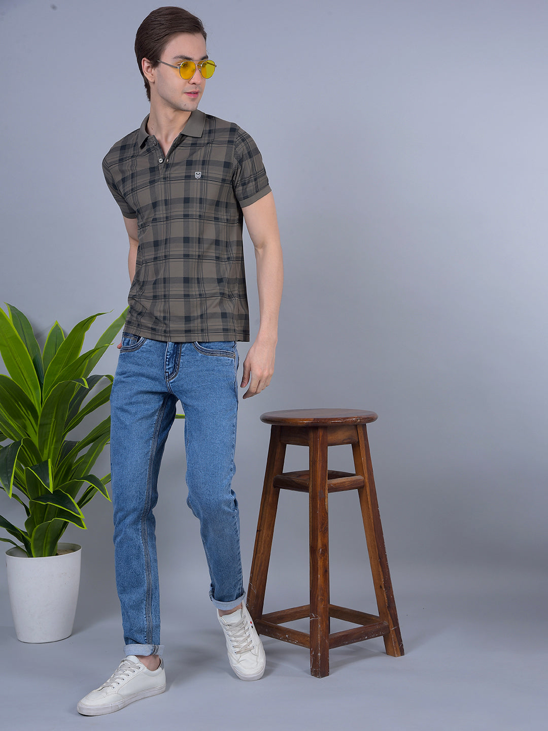 COBB DARK KHAKI CHECKED POLO NECK T-SHIRT