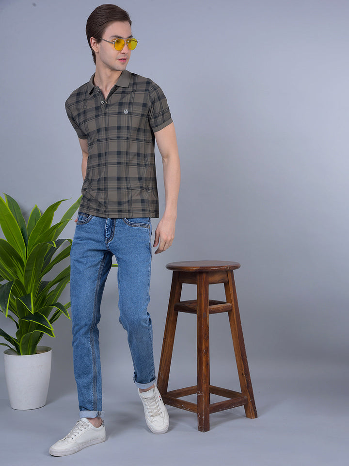 COBB DARK KHAKI CHECKED POLO NECK T-SHIRT