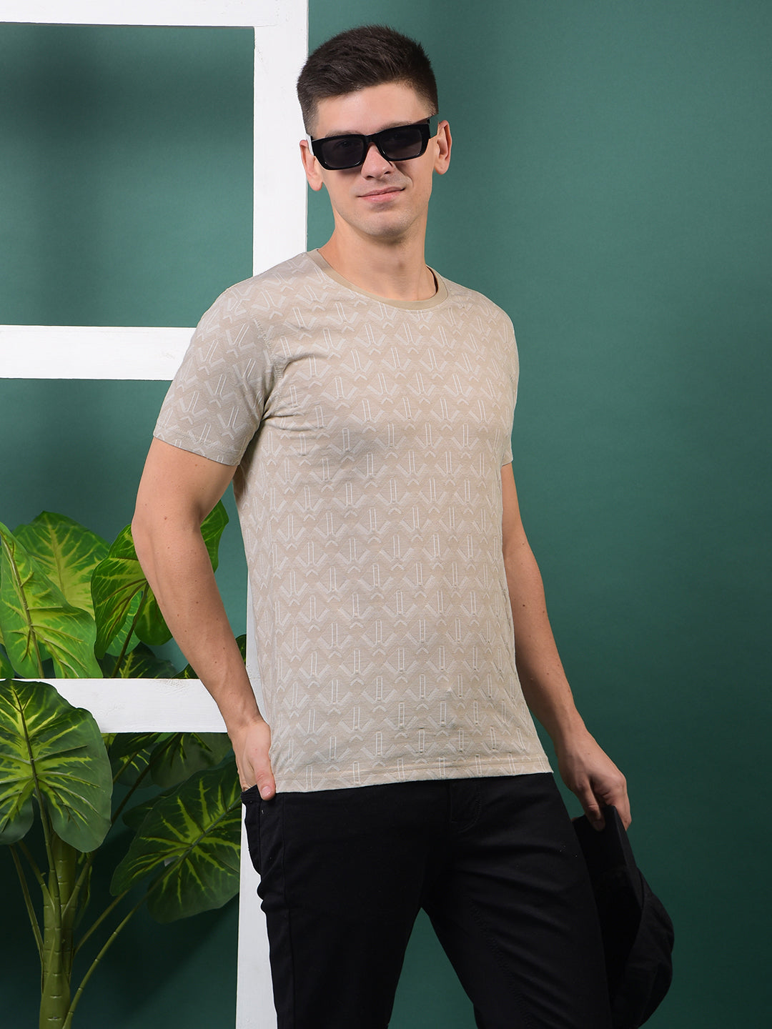 cobb beige self-design round neck t-shirt