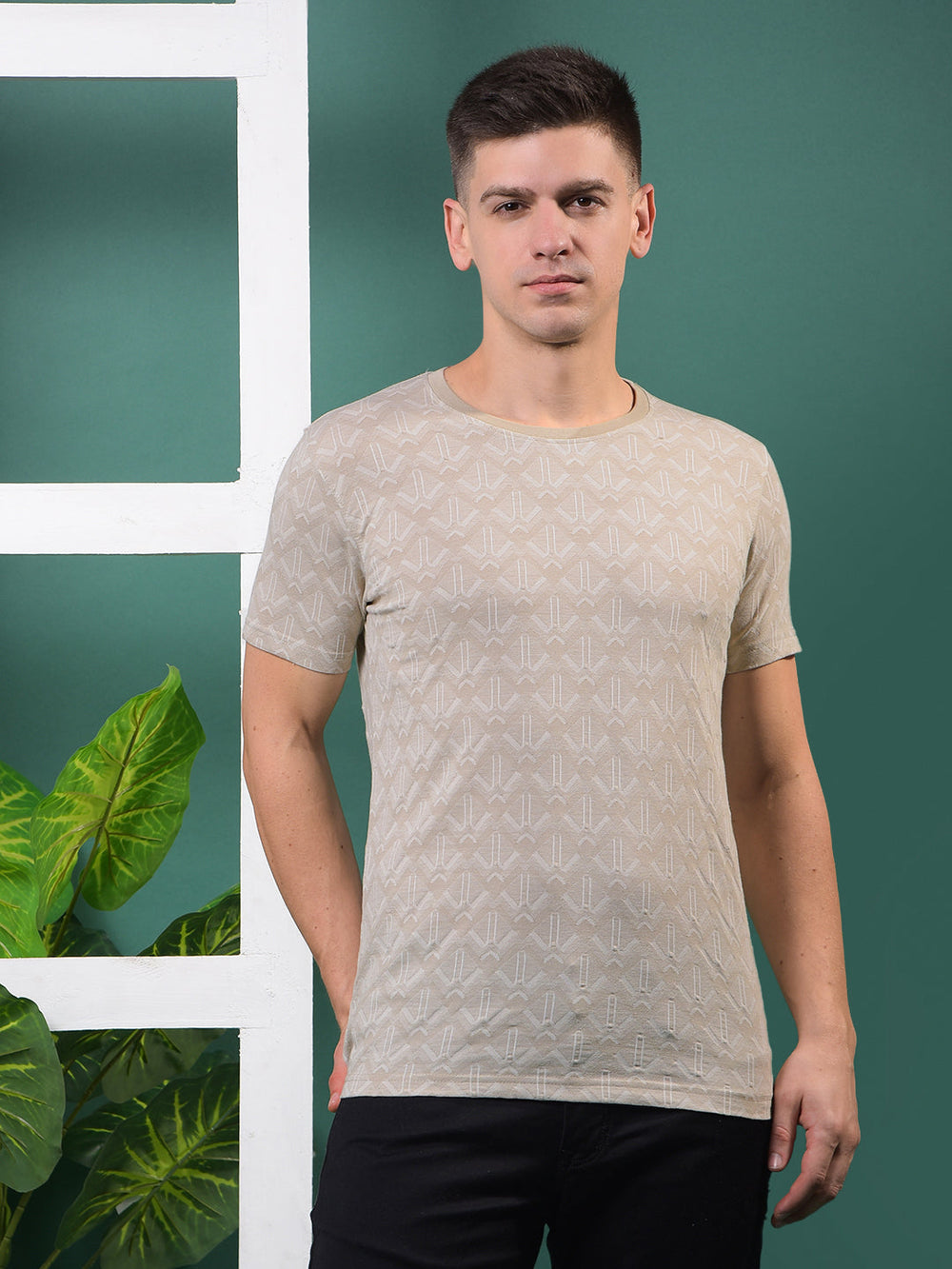 cobb beige self-design round neck t-shirt